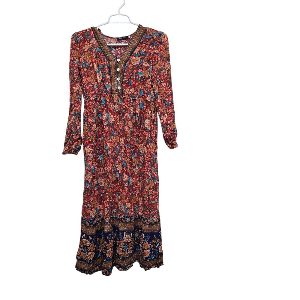 Kojooin Boho Floral Maxi Dress Rayon Long Sleeve Women's M